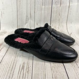 KATE SPADE ♠️ Black leather flat slides fuzzy shoes mules women’s size 8.5B